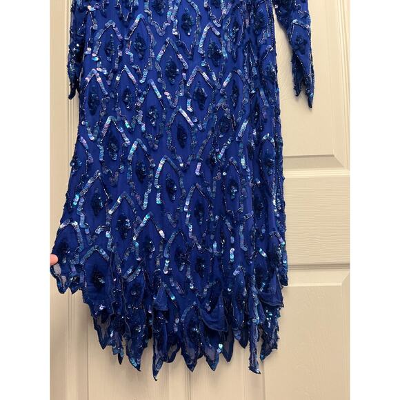 O.R. Silk Dress‎ Women's Small Blue Beaded Sequin Evening Cocktail Dress Vintage - Picture 8 of 15